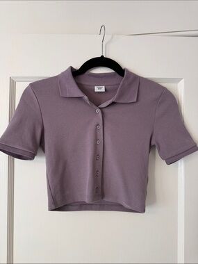 Aritzia Sunday Best Cropped Polo Button-Front Top in Dusty Lavender